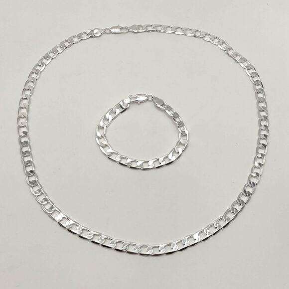 925 Silver Necklace & Bracelet Cuban Fashion Set Anniversary Birthday Gift NEW - Picture 4 of 6